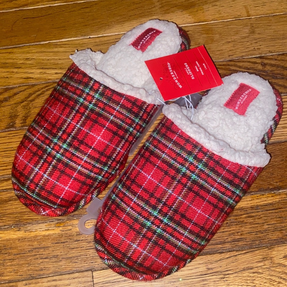 Wondershop Red and Green Plaid Slippers with Cream Lining
